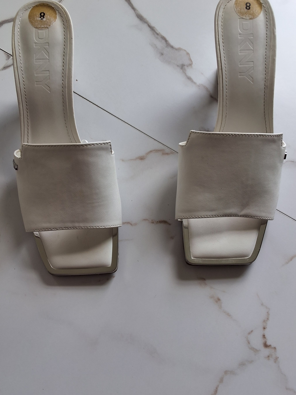 DKNY White Square-Toe Slide Mules
